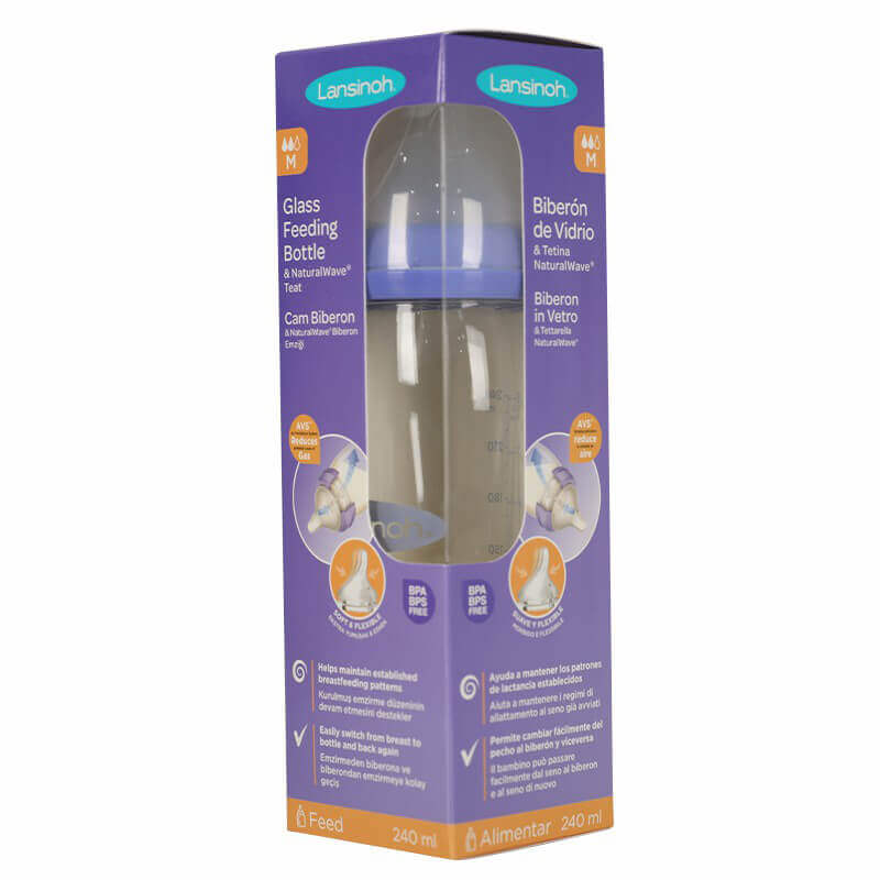 Lansinoh Glass Feeding Bottle With Natural Wave Medium Flow 240 ml