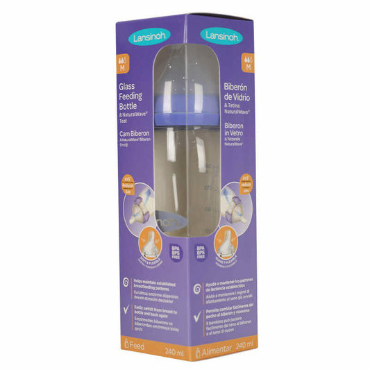Lansinoh Glass Feeding Bottle With Natural Wave Medium Flow 240 ml