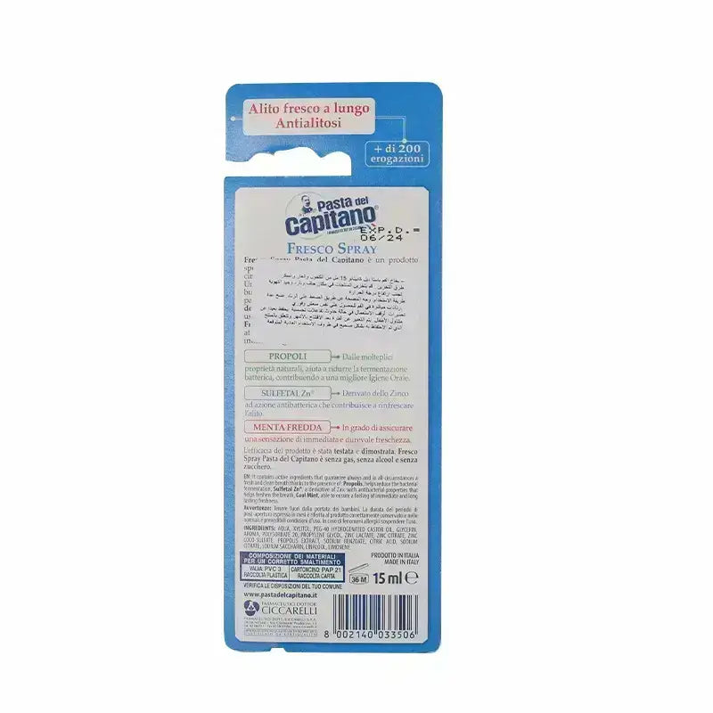Pasta Del Capitano Mouth Spray Mint Flavor 15 ml Cap