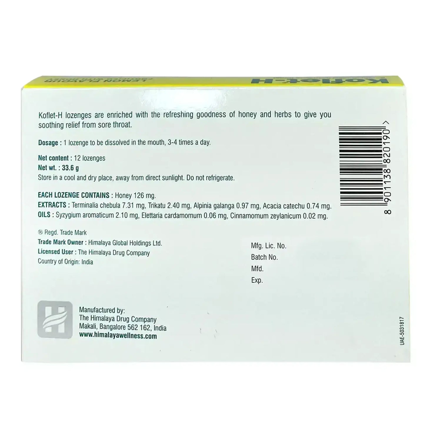 Himalaya Koflet-H lemon Flavour 12 Lozenges